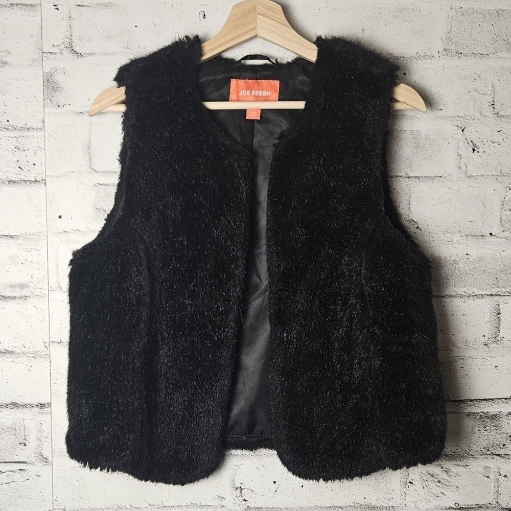 Joe Fresh Black Faux Fur Vest Cozy Soft Layering Open Front Small